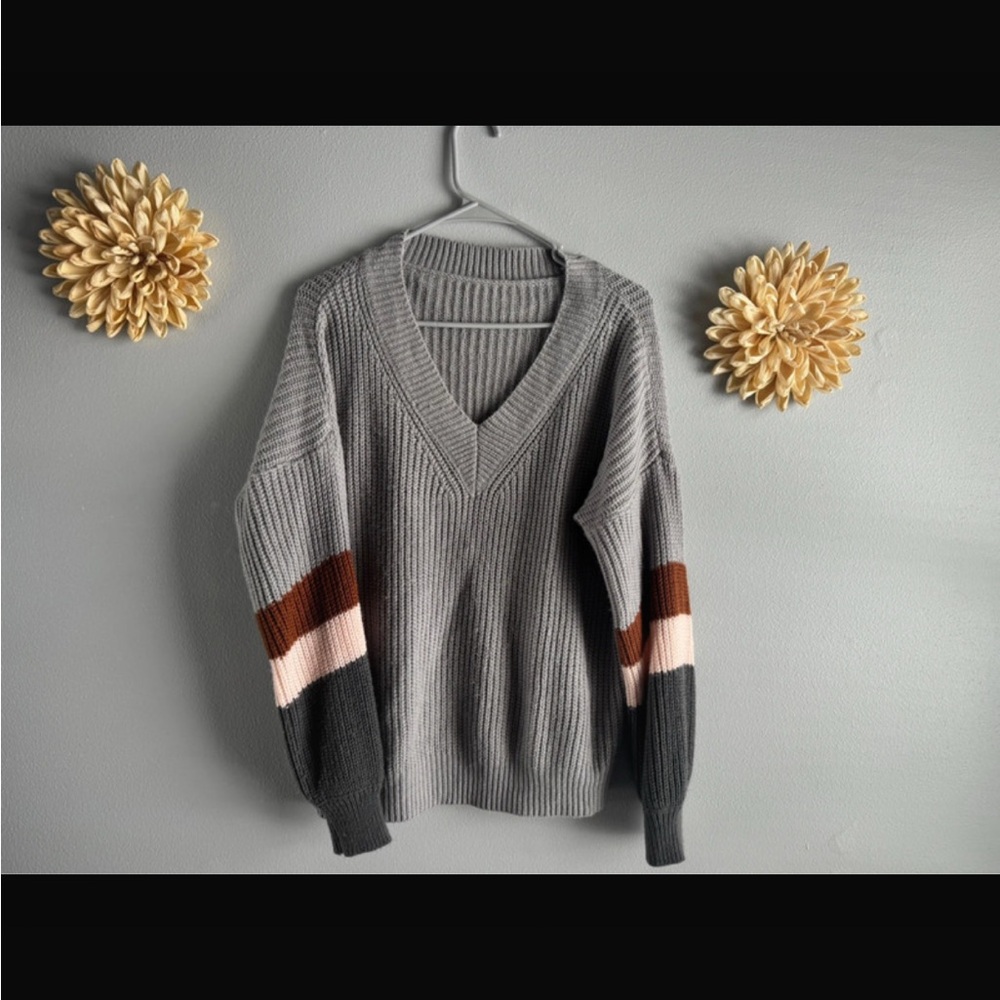 Gray V-Neck Sweater with Color Block Sleeves